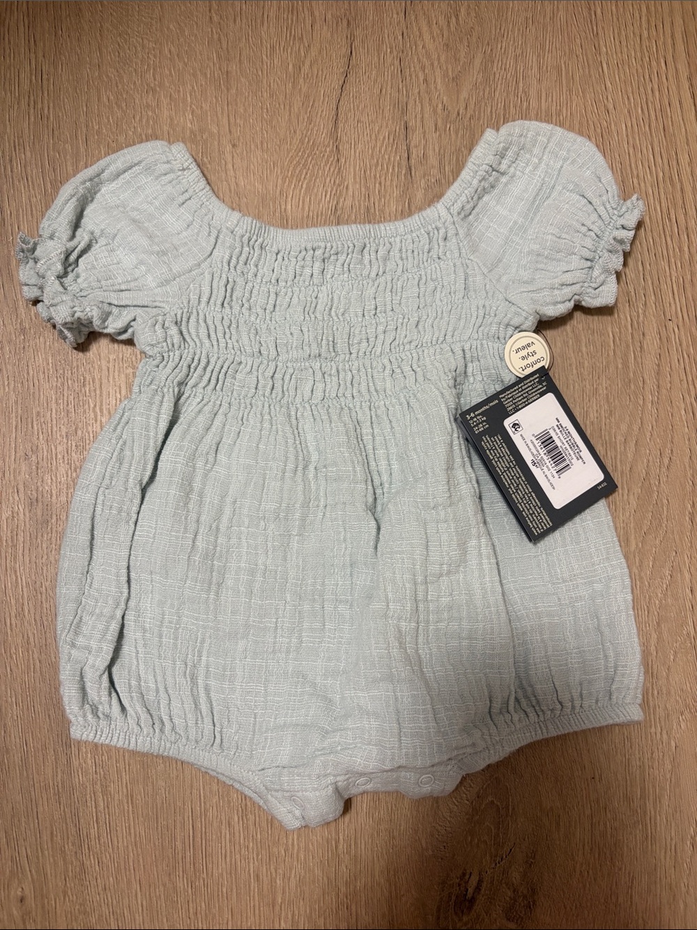 Smocked Short-Sleeve Baby Romper in Light Sage
